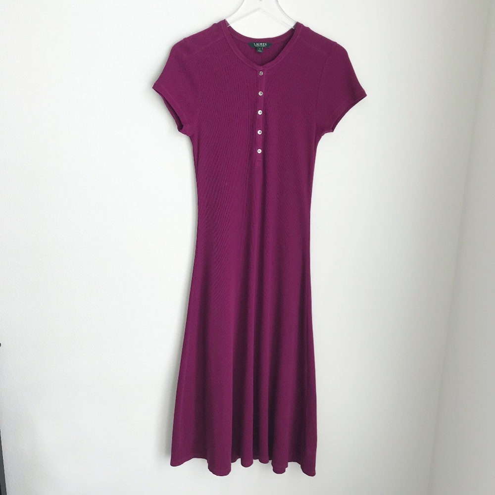 Lauren Ralph Lauren Waffle Knit Henley Maxi Dress Berry Jam Size M